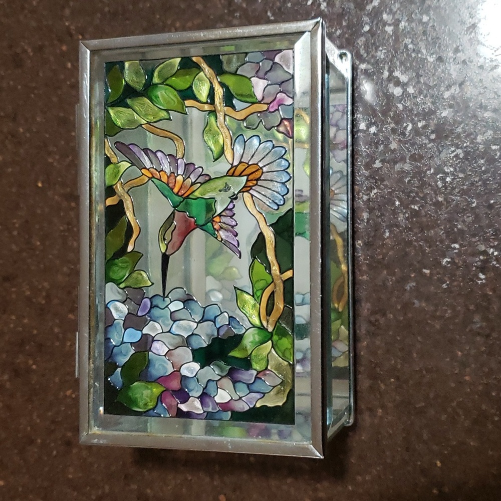 Amia Hand Painted Hummingbird Beveled Stained Glass Trinket Jewelry Box